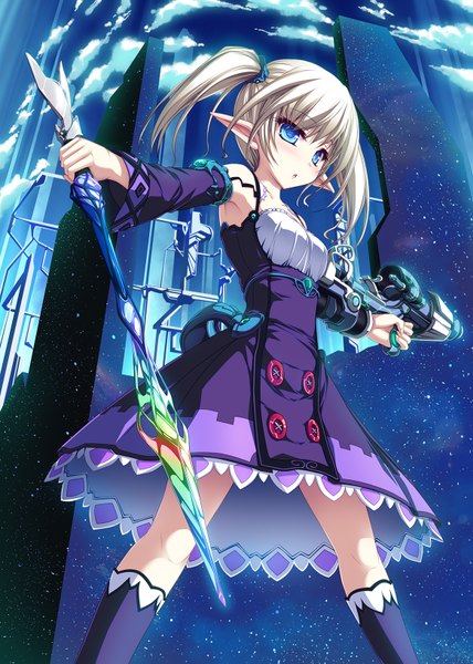 Anime picture 1166x1634 with original tenmaso single long hair tall image blush blue eyes blonde hair twintails cloud (clouds) pointy ears girl dress weapon detached sleeves sword socks black socks