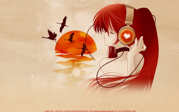 Anime picture 1920x1200 with vocaloid hatsune miku rami (artist) single long hair highres wide image ponytail red hair eyes closed profile nude evening sunset vector hair over breasts girl animal heart headphones