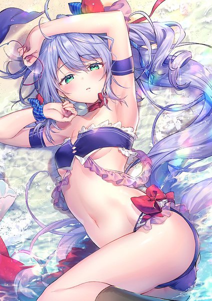 Anime picture 566x800 with azur lane l'opiniatre (azur lane) l'opiniatre (magical summer) (azur lane) riichu single long hair tall image looking at viewer blush fringe breasts open mouth light erotic hair between eyes bare shoulders green eyes payot purple hair ahoge bent knee (knees)