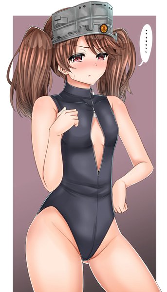 Anime picture 640x1119 with kantai collection ryuujou light aircraft carrier inu (marukome) single long hair tall image blush fringe light erotic red eyes brown hair twintails sweat sleeveless framed girl bodysuit