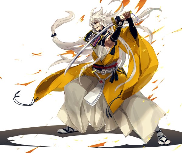 Anime picture 1200x1013 with touken ranbu nitroplus kogitsunemaru dakuro single open mouth simple background red eyes white background looking away full body white hair very long hair traditional clothes japanese clothes profile spread legs fighting stance boy gloves