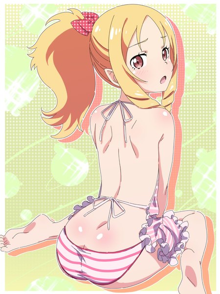 Anime picture 1536x2048 with eromanga sensei a-1 pictures yamada elf pink x single long hair tall image looking at viewer open mouth light erotic blonde hair sitting brown eyes payot ass ponytail looking back barefoot from behind no bra