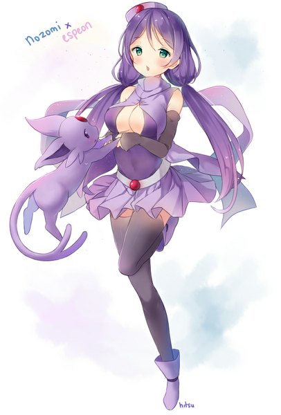 Anime picture 608x898 with love live! school idol project pokemon sunrise (studio) love live! nintendo toujou nozomi espeon hitsukuya long hair tall image blush breasts light erotic standing twintails green eyes animal ears purple hair bent knee (knees) tail