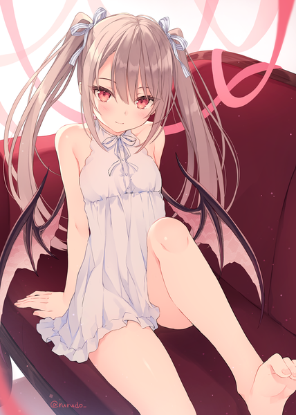 Anime-Bild 857x1200 mit original rurudo single long hair tall image looking at viewer blush fringe light erotic smile hair between eyes red eyes brown hair sitting twintails bare shoulders signed payot barefoot arm support