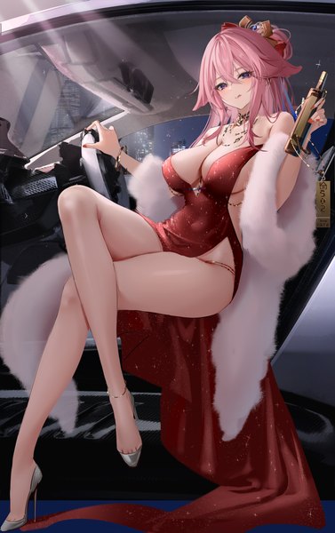 Anime picture 2508x3992 with genshin impact yae miko congqian you ke xing single long hair tall image looking at viewer blush fringe highres breasts light erotic hair between eyes large breasts sitting purple eyes holding animal ears pink hair cleavage