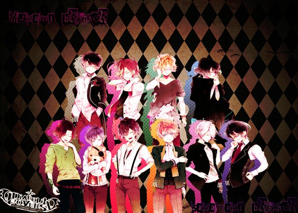 Anime picture 1400x1000 with diabolik lovers idea factory sakamaki shuu sakamaki subaru sakamaki ayato sakamaki kanato sakamaki reiji sakamaki raito mukami ruki mukami kou mukami yuuma mukami azusa short hair open mouth black hair blonde hair smile red eyes brown hair purple eyes