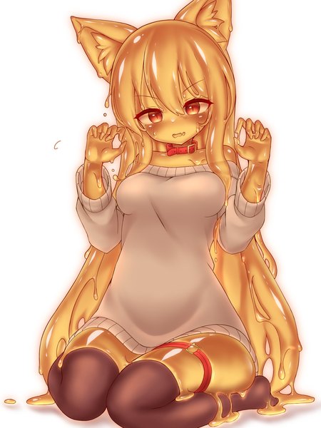 Anime picture 1536x2048 with original curss single long hair tall image fringe breasts open mouth simple background hair between eyes red eyes white background sitting bare shoulders animal ears long sleeves orange hair no shoes fox ears seiza