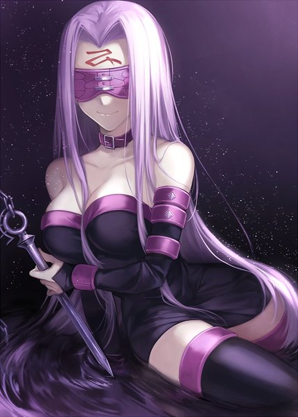 Anime picture 600x840 with fate (series) fate/stay night rider wowishi single long hair tall image breasts simple background smile large breasts sitting bare shoulders holding pink hair long sleeves zettai ryouiki facial mark breast hold purple background