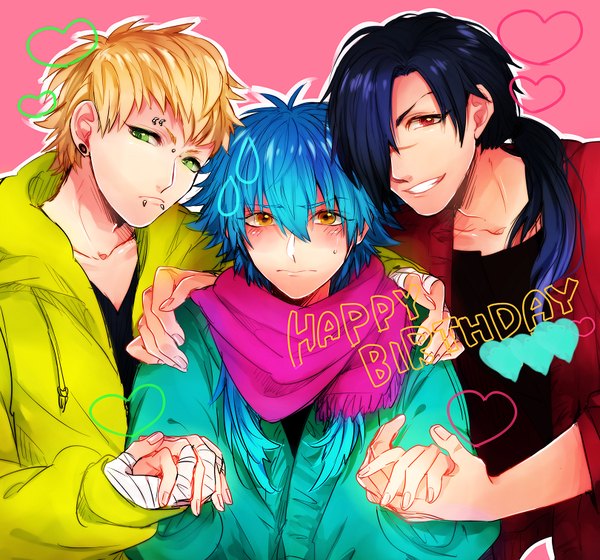 Anime picture 810x756 with dramatical murder nitro+chiral aoba (dmmd) noiz (dmmd) koujaku yuta arata long hair looking at viewer blush fringe short hair blonde hair simple background smile hair between eyes red eyes green eyes yellow eyes blue hair ahoge