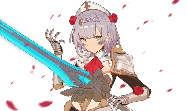 Anime picture 3200x1900 with genshin impact noelle (genshin impact) qingli green single looking at viewer fringe highres short hair simple background wide image white background yellow eyes silver hair upper body girl weapon petals armor huge weapon huge sword