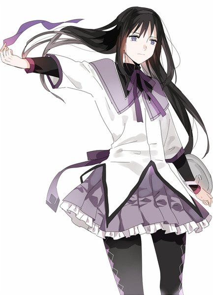 Anime picture 669x927 with mahou shoujo madoka magica shaft (studio) akemi homura dong jian dao single long hair tall image fringe black hair simple background white background purple eyes looking away pleated skirt outstretched arm magical girl girl skirt ribbon (ribbons) pantyhose