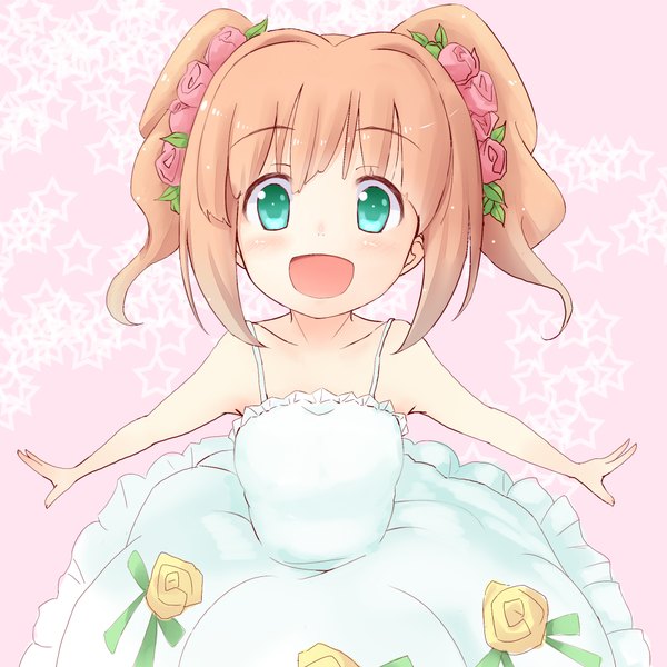 Anime picture 2028x2028 with idolmaster takatsuki yayoi wakamizu single blush highres short hair open mouth simple background blonde hair smile twintails green eyes hair flower loli short twintails girl dress hair ornament flower (flowers)