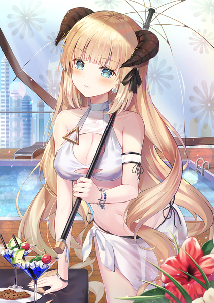 Anime picture 1518x2150 with arknights nightingale (arknights) hyonee single long hair tall image looking at viewer blush fringe breasts light erotic blonde hair large breasts standing bare shoulders holding payot cleavage outdoors blunt bangs