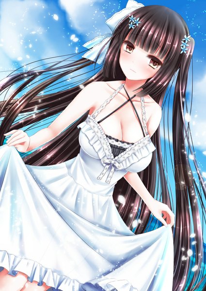 Anime picture 637x900 with original hiroharu single long hair tall image looking at viewer black hair brown eyes cleavage girl dress ribbon (ribbons) hair ribbon sundress