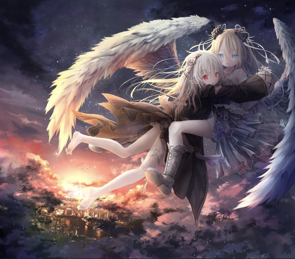 Anime picture 1499x1318 with original utatanecocoa long hair fringe open mouth blue eyes hair between eyes red eyes multiple girls sky silver hair cloud (clouds) full body bent knee (knees) long sleeves looking back barefoot pointy ears sunlight loli