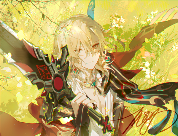 Anime picture 2448x1872 with genshin impact kaveh (genshin impact) mors gn single long hair looking at viewer fringe highres blonde hair hair between eyes red eyes from above weapon over shoulder boy weapon earrings sword feather (feathers)