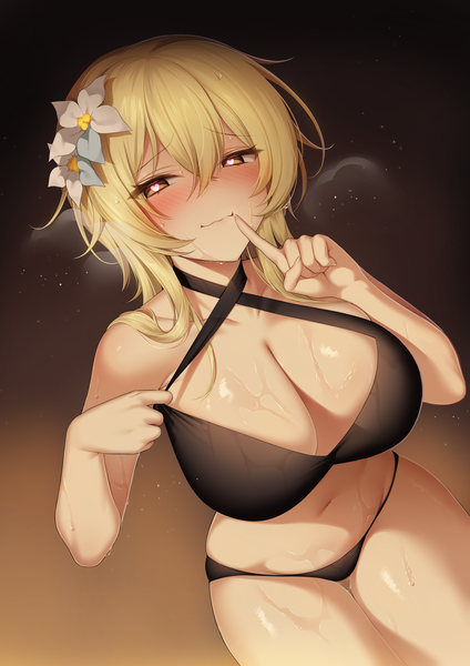 Anime picture 4961x7016 with genshin impact lumine (genshin impact) ia (ias1010) single long hair tall image looking at viewer fringe highres breasts light erotic simple background blonde hair hair between eyes large breasts yellow eyes absurdres cleavage hair flower dutch angle