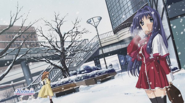 Anime picture 1920x1080 with kanon key (studio) tsukimiya ayu minase nayuki ikeda kazumi long hair highres short hair brown hair wide image standing purple eyes multiple girls purple hair zettai ryouiki copyright name snowing winter snow white wings