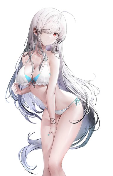 Anime picture 1925x3000 with original iori (cpeilad) single tall image looking at viewer fringe highres breasts light erotic simple background red eyes standing white background silver hair ahoge very long hair nail polish head tilt fingernails hair over one eye