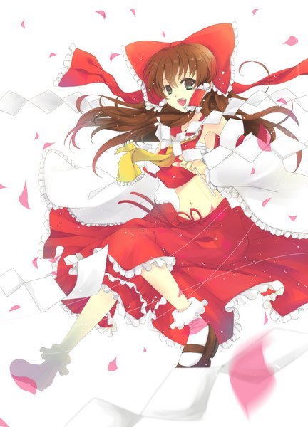 Anime picture 1500x2082 with touhou hakurei reimu ceru single long hair tall image open mouth blue eyes brown hair midriff miko girl navel bow hair bow detached sleeves petals gohei
