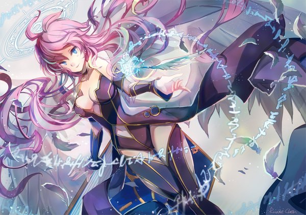 Anime picture 1702x1200 with puzzle & dragons archangel metatron (p&d) shadowsinking single looking at viewer fringe highres breasts blue eyes light erotic pink hair very long hair outstretched arm girl wings feather (feathers) clothes