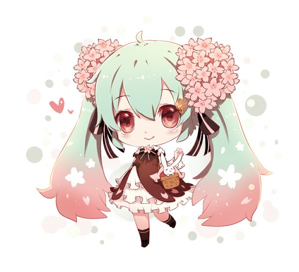 Anime picture 1000x910 with vocaloid hatsune miku sakura miku phino (jinko0094) single looking at viewer blush simple background smile red eyes white background twintails ahoge very long hair hair flower aqua hair chibi cute girl hair ornament