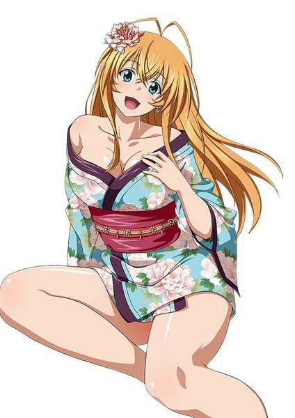 Anime picture 600x848 with ikkitousen sonsaku hakufu single long hair tall image looking at viewer blush fringe breasts open mouth blue eyes blonde hair large breasts cleavage ahoge head tilt hair flower off shoulder bare legs legs