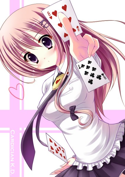 Anime picture 900x1272 with caidychen single long hair tall image blush purple eyes girl hair ornament bow hair bow miniskirt necktie heart hairclip card (cards)