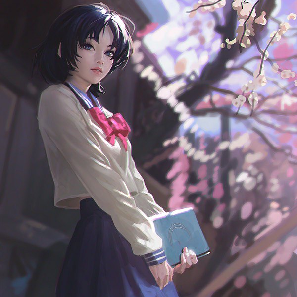 Anime picture 900x900 with bishoujo senshi sailor moon toei animation mizuno ami ilya kuvshinov single short hair blue eyes blue hair looking away outdoors from below cherry blossoms girl uniform plant (plants) tree (trees) serafuku book (books)