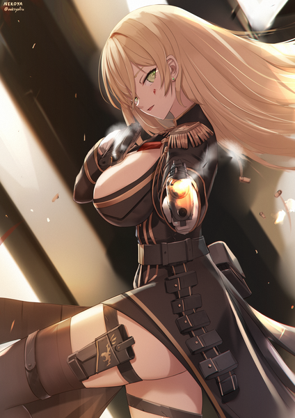 Anime picture 1737x2456 with original nekoya (liu) single long hair tall image looking at viewer fringe highres breasts open mouth light erotic blonde hair hair between eyes large breasts standing holding green eyes signed cleavage long sleeves