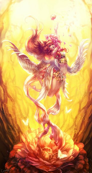 Anime picture 536x1000 with original coma2 single long hair tall image breasts blue eyes signed looking away red hair barefoot multiple wings girl flower (flowers) ribbon (ribbons) petals wings insect butterfly