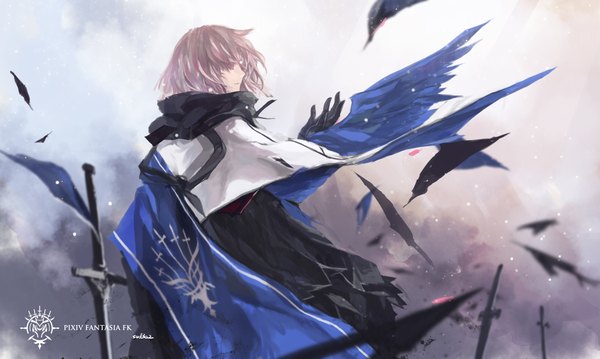 Anime picture 2362x1417 with original pixiv fantasia pixiv fantasia fallen kings paradise (character) swd3e2 single highres short hair wide image signed silver hair profile pink eyes wind inscription girl dress gloves weapon sword