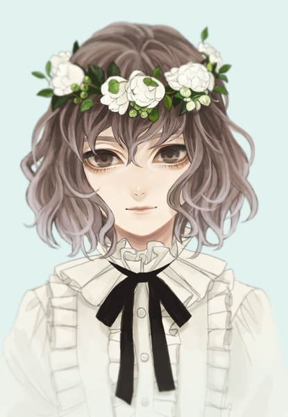 Anime picture 598x863 with original fioletovyy single tall image looking at viewer fringe short hair simple background hair between eyes brown hair brown eyes upper body light smile portrait blue background girl flower (flowers) blouse wreath head wreath