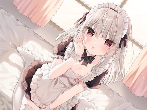 Anime picture 2000x1500 with original mafuyu (chibi21) single long hair looking at viewer blush fringe highres breasts open mouth red eyes sitting cleavage silver hair indoors blunt bangs :o short sleeves maid dutch angle
