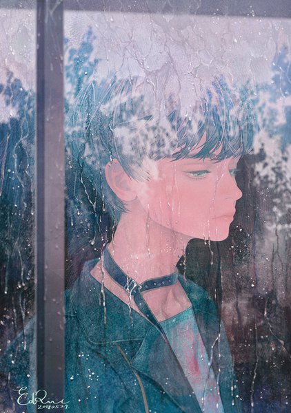 Anime picture 1000x1420 with original iogi (edrin alfari) single tall image fringe short hair black hair green eyes signed looking away upper body indoors profile open jacket dated portrait rain expressionless against glass boy