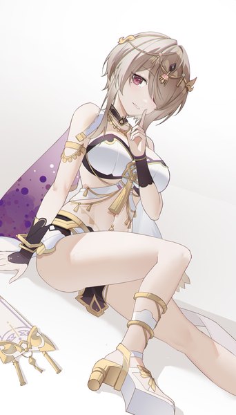 Anime picture 1633x2864 with honkai impact 3rd honkai (series) rita rossweisse rita rossweisse (spina astera) sye- single tall image looking at viewer fringe short hair light erotic simple background brown hair white background sitting purple eyes hair over one eye mole bare legs high heels