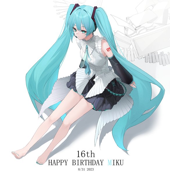 Anime picture 3238x3320 with vocaloid hatsune miku happy 16th birthday -dear creators- hatsune miku kuroja single tall image highres simple background white background twintails looking away absurdres full body very long hair nail polish barefoot aqua eyes from above aqua hair bare legs