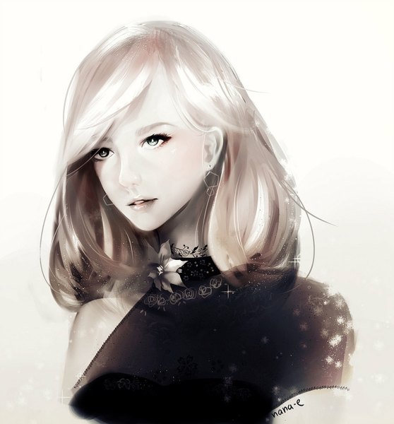 Anime picture 1024x1101 with original nana-e single tall image fringe short hair simple background blonde hair white background signed looking away lips eyeshadow girl earrings