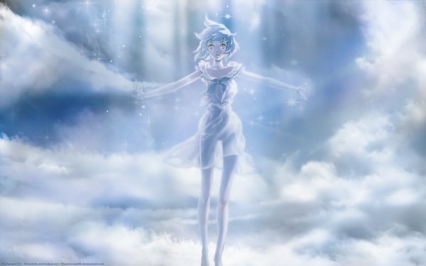 Anime picture 1920x1200 with highres short hair wide image sky cloud (clouds) white hair blue background dress