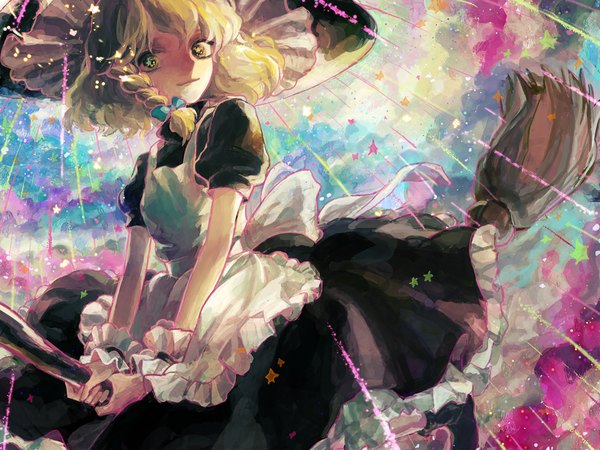 Anime picture 1000x750 with touhou kirisame marisa takakong single long hair looking at viewer blonde hair yellow eyes cloud (clouds) braid (braids) single braid witch multicolored broom riding girl dress ribbon (ribbons) hair ribbon star (stars) witch hat