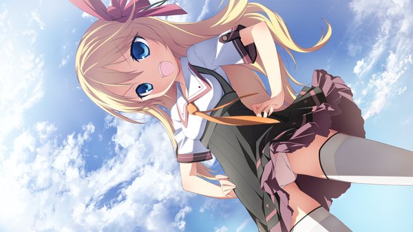 Anime picture 1280x720 with material brave giga ougi kanae kikuchi seiji long hair open mouth blue eyes light erotic blonde hair wide image game cg girl thighhighs uniform underwear panties school uniform white thighhighs