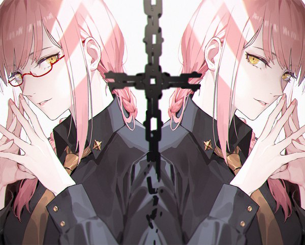 Anime picture 1278x1028 with chainsaw man mappa makima (chainsaw man) q9q long hair looking at viewer yellow eyes payot pink hair upper body braid (braids) single braid dual persona fingers together symmetry girl shirt glasses necktie chain