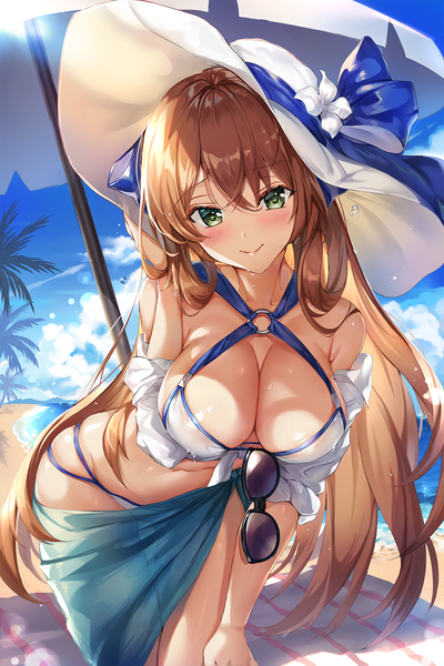 Anime picture 1114x1672 with girls frontline m1903 springfield (girls frontline) narae single long hair tall image looking at viewer blush fringe light erotic hair between eyes brown hair standing bare shoulders green eyes sky cloud (clouds) outdoors off shoulder wet