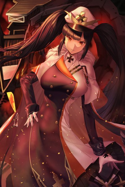 Anime picture 4032x6000 with azur lane peter strasser (azur lane) myuryuneko single long hair tall image looking at viewer fringe highres breasts black hair twintails payot absurdres blunt bangs parted lips head tilt orange eyes fur trim hand on hip