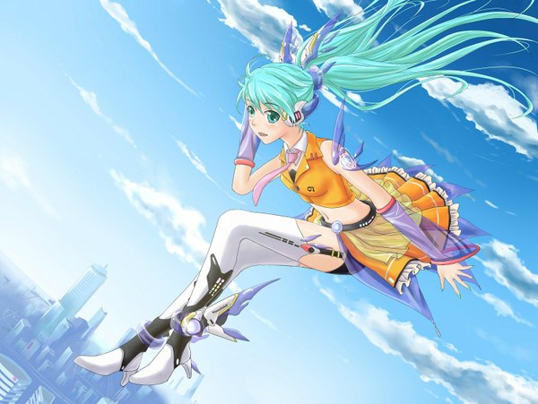 Anime picture 1493x1123 with vocaloid hatsune miku fengsao hua tanzhang pc9527 single long hair open mouth twintails sky cloud (clouds) aqua eyes aqua hair city girl thighhighs skirt detached sleeves white thighhighs necktie boots