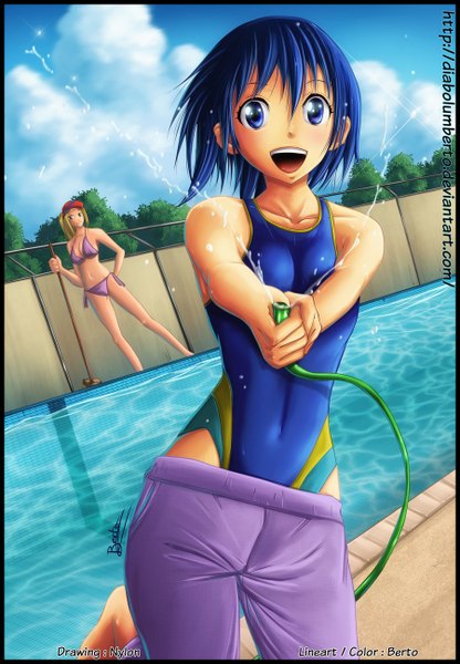 Anime picture 900x1296 with frogman (manga) diabolumberto tall image looking at viewer short hair open mouth blue eyes blonde hair smile multiple girls green eyes blue hair sky cloud (clouds) coloring girl 2 girls swimsuit plant (plants) bikini