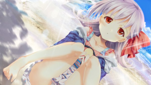 Anime picture 1024x576 with soshite kirameku otome to himitsu long hair looking at viewer blush light erotic red eyes wide image game cg silver hair beach girl dress bow hair bow sea