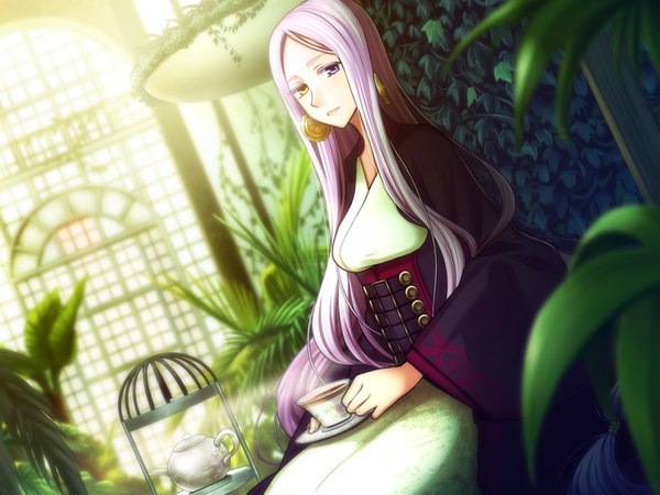 Anime picture 1024x768 with ourai no gahkthun liarsoft steampunk (liarsoft) florence ameghino nightingale game cg purple hair very long hair heterochromia girl dress plant (plants) earrings cup