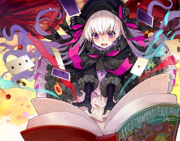 Anime picture 1100x862 with fate (series) alice in wonderland fate/extra cheshire cat nursery rhyme (fate/extra) yuu (higashi no penguin) single long hair blush open mouth purple eyes white hair magic lolita fashion goth-loli girl dress gloves ribbon (ribbons) bow