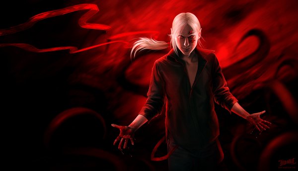 Anime picture 1400x807 with original tanathe (artist) single long hair smile red eyes wide image white hair ponytail lips realistic open clothes open shirt boy ribbon (ribbons) blood